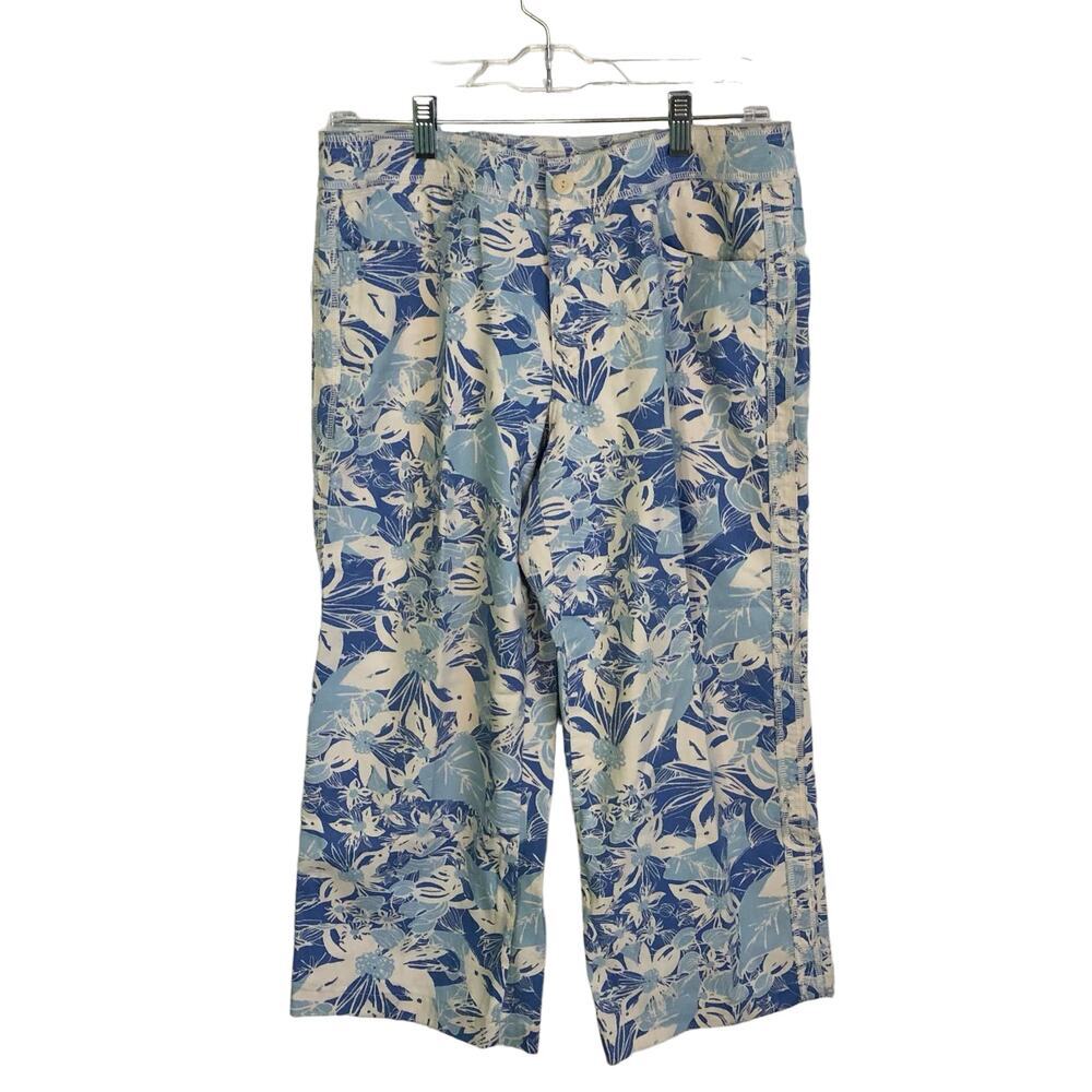 So Blue Sigrid Olsen Blue & Cream Floral Cotton Pants Tropical Capri Size 8